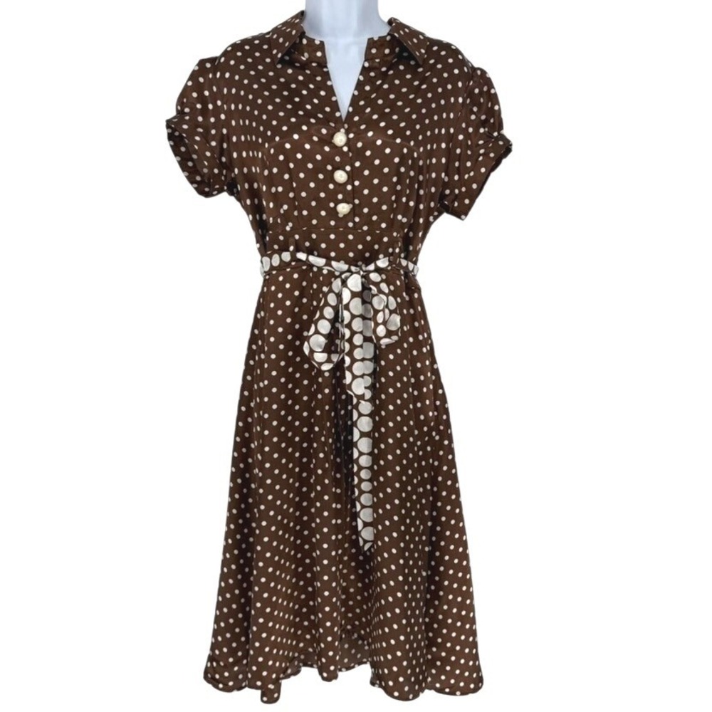 Amanda Lane Brown Polka Dot Satin Shirt Dress Puff Sleeve Belt 12 Rockabilly